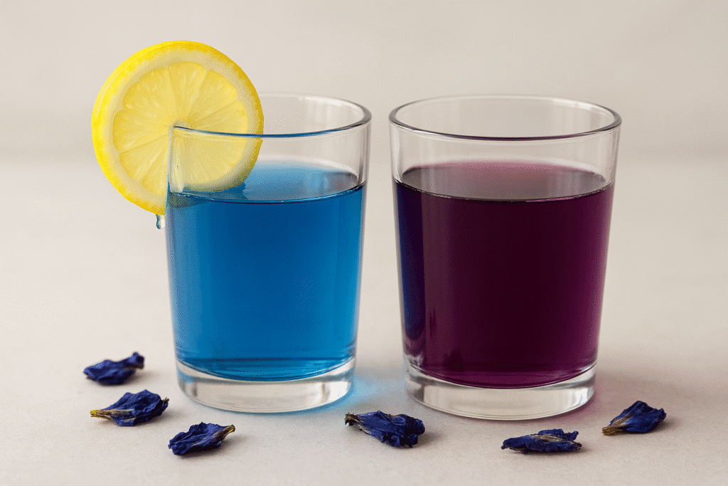 Photorealistic image of blue butterfly pea flower tea in a glass next to another glass of the tea turned purple by a lemon slice, with dried blue petals scattered on the surface.