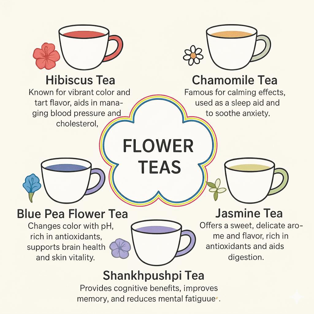 An infographic illustrating five different flower teas—hibiscus, chamomile, jasmine, blue pea flower, and shankhpushpi—with descriptions of their looks,taste & benefits.