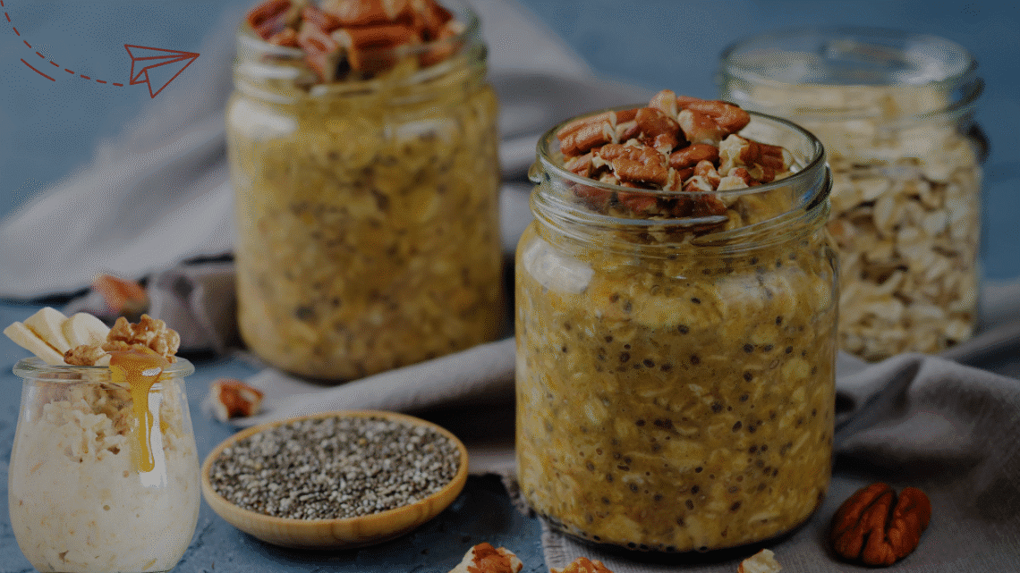 Overnight oats with chia seeds and pecan topping in jars for high protein meal prep.