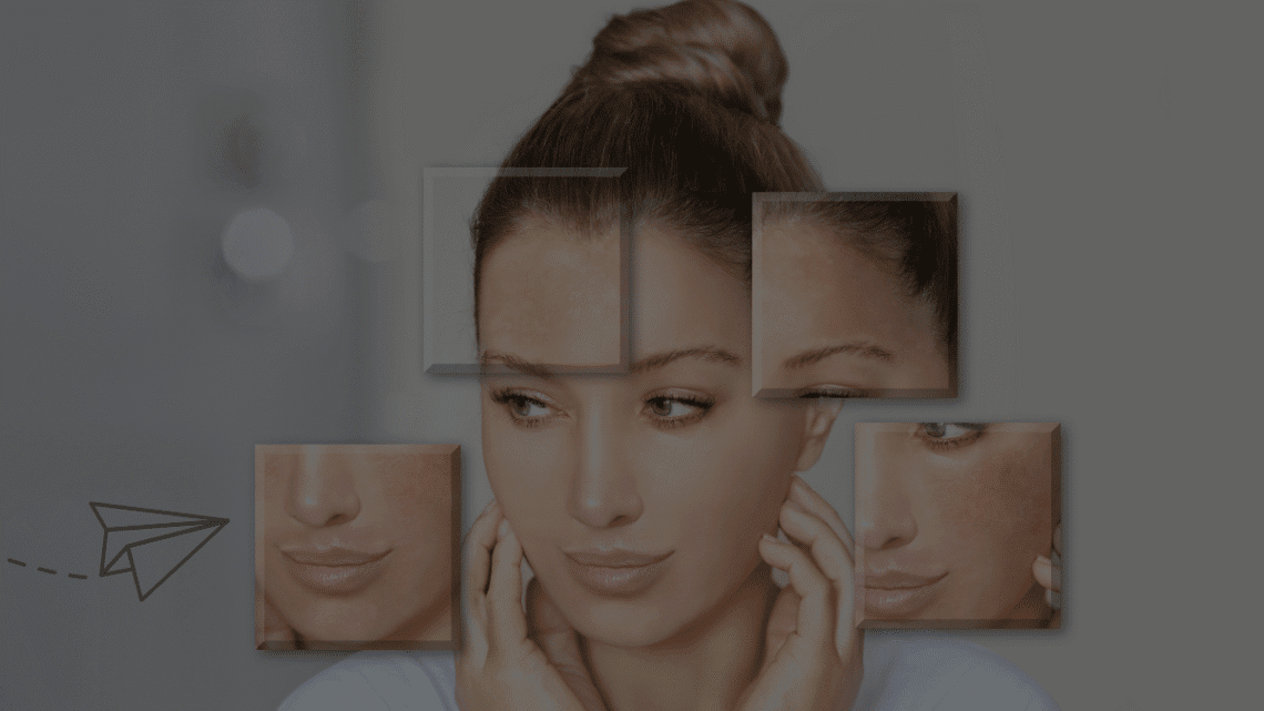 Abstract image showing a woman's face with four framed sections highlighting skin tone, texture, and possible dark spots or redness. Includes a small paper airplane icon, suggesting a personal journey or quick advice.