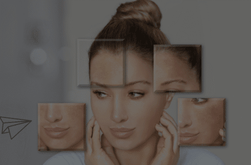 Abstract image showing a woman's face with four framed sections highlighting skin tone, texture, and possible dark spots or redness. Includes a small paper airplane icon, suggesting a personal journey or quick advice.